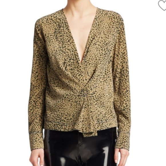 Rag & Bone- Shields Leopard Print Silk Top In Olive - Picture 1 of 15